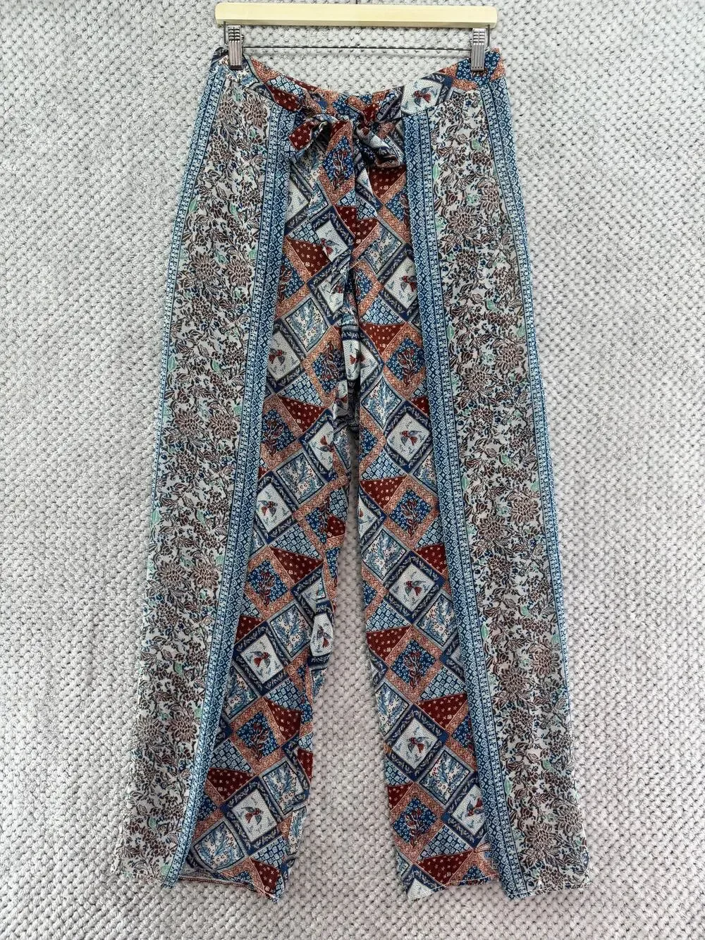 Elevenses Beach Boho Pants Women 8 Blue Patch Floral Wide Leg